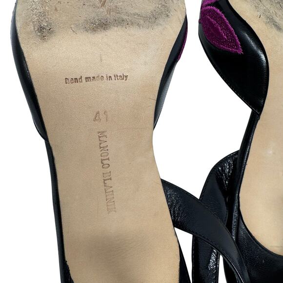 Manolo Blahnik Embroidered Slingback Pumps Black Pink Sequin Pointed Toe 41 - Picture 5 of 5